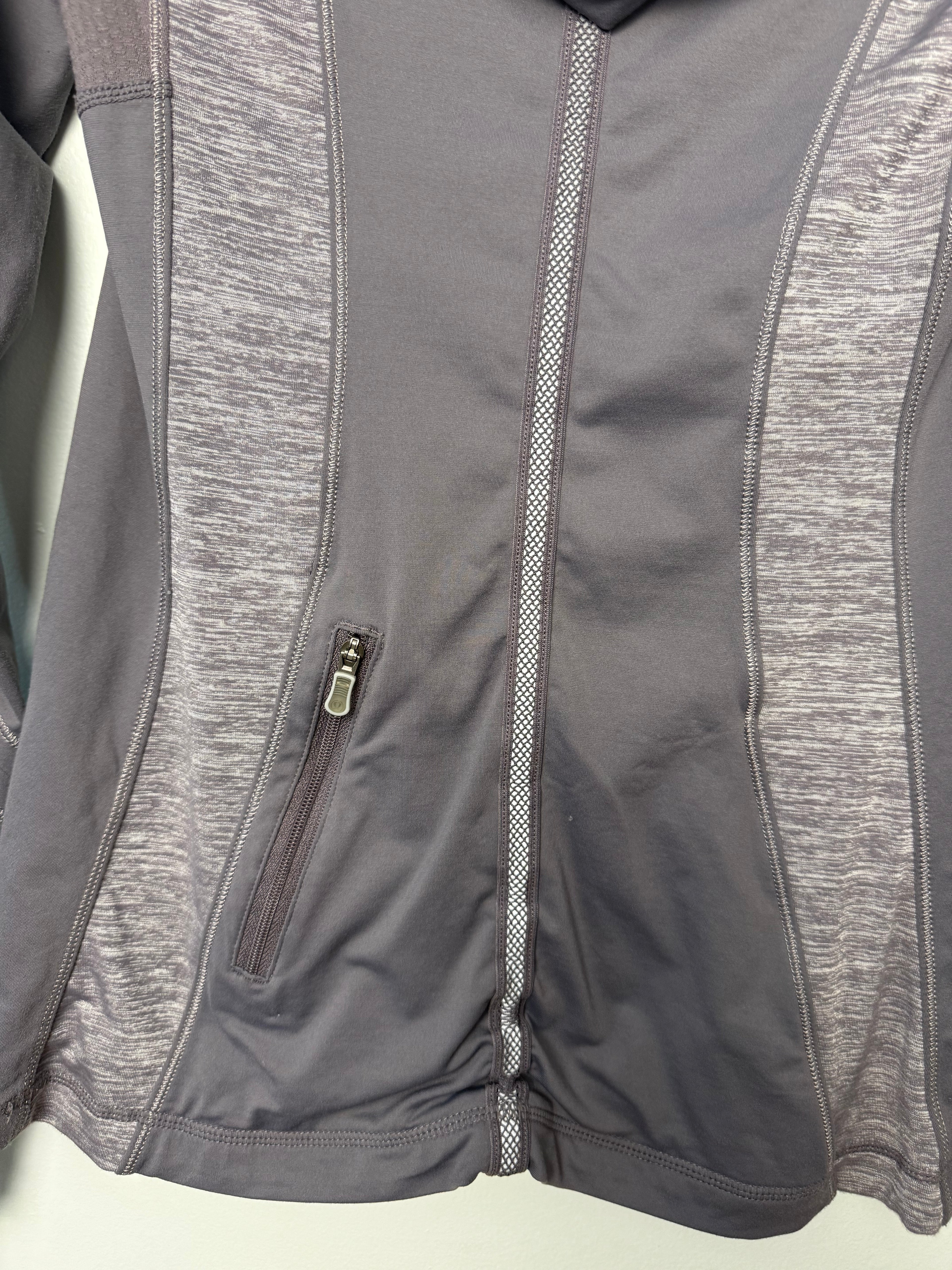 back zipper on Lululemon grey  zip-up cowl hoodie running jacket back view size 6 thumbhole athletic jacket — Blue Sparrow pre-loved activewear