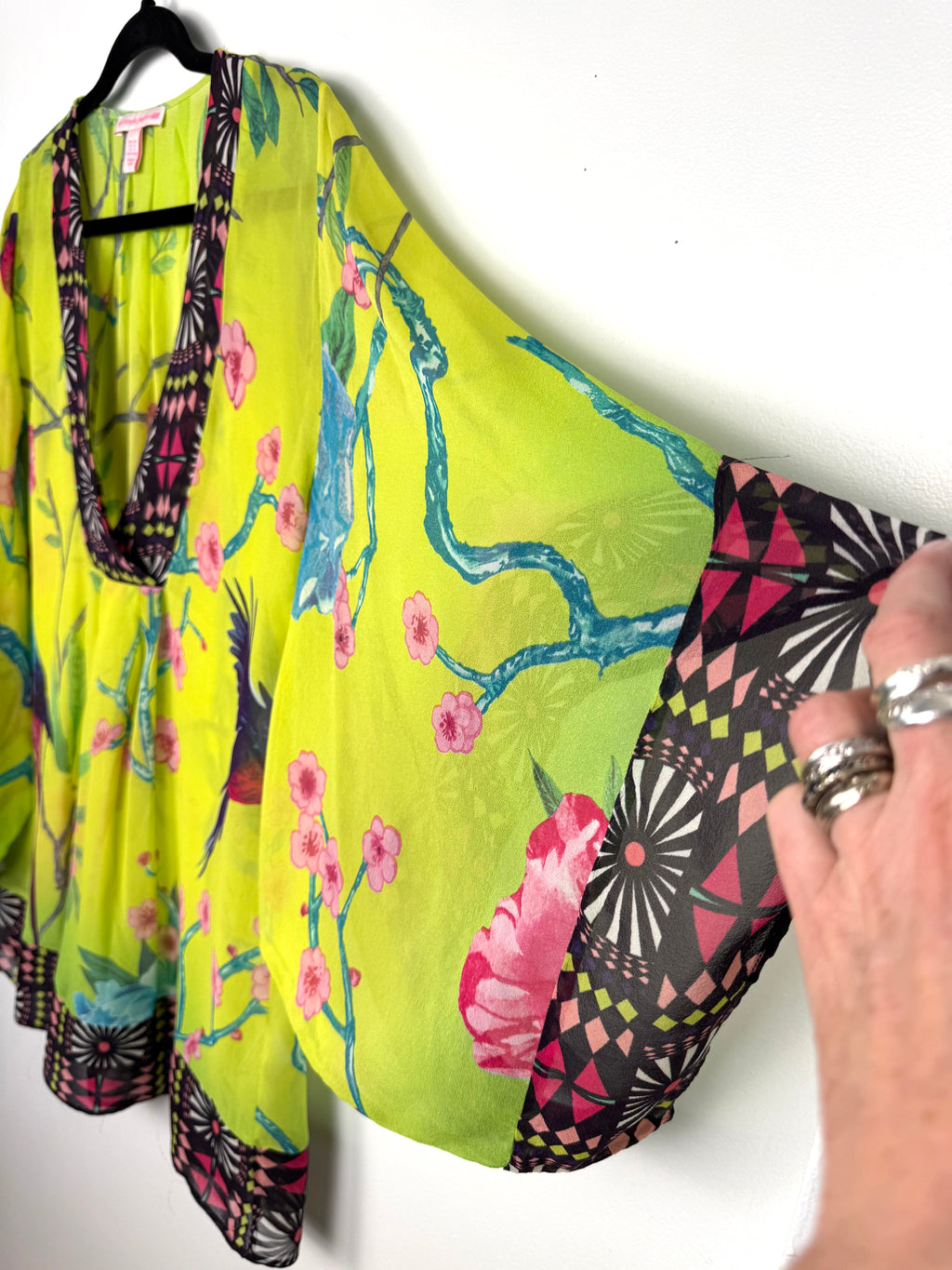 batwing sleeve on 100% Silk Kaftan Top Matthew Williamson for H&M | Size S at Blue Sparrow Resale Shop