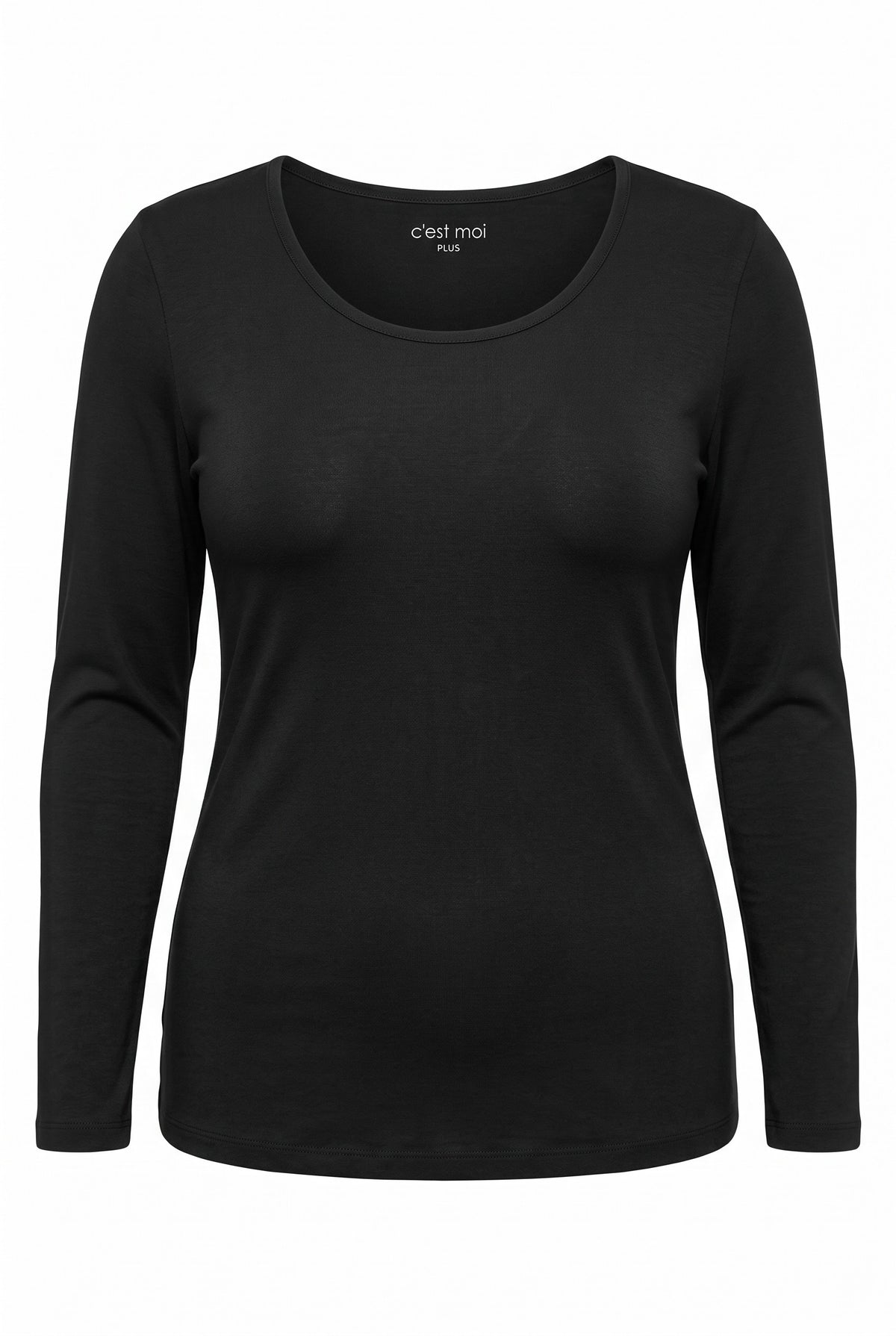 black Bamboo Long Sleeved Layering Top by C'est Moi one size plus fits 16-22  on white background