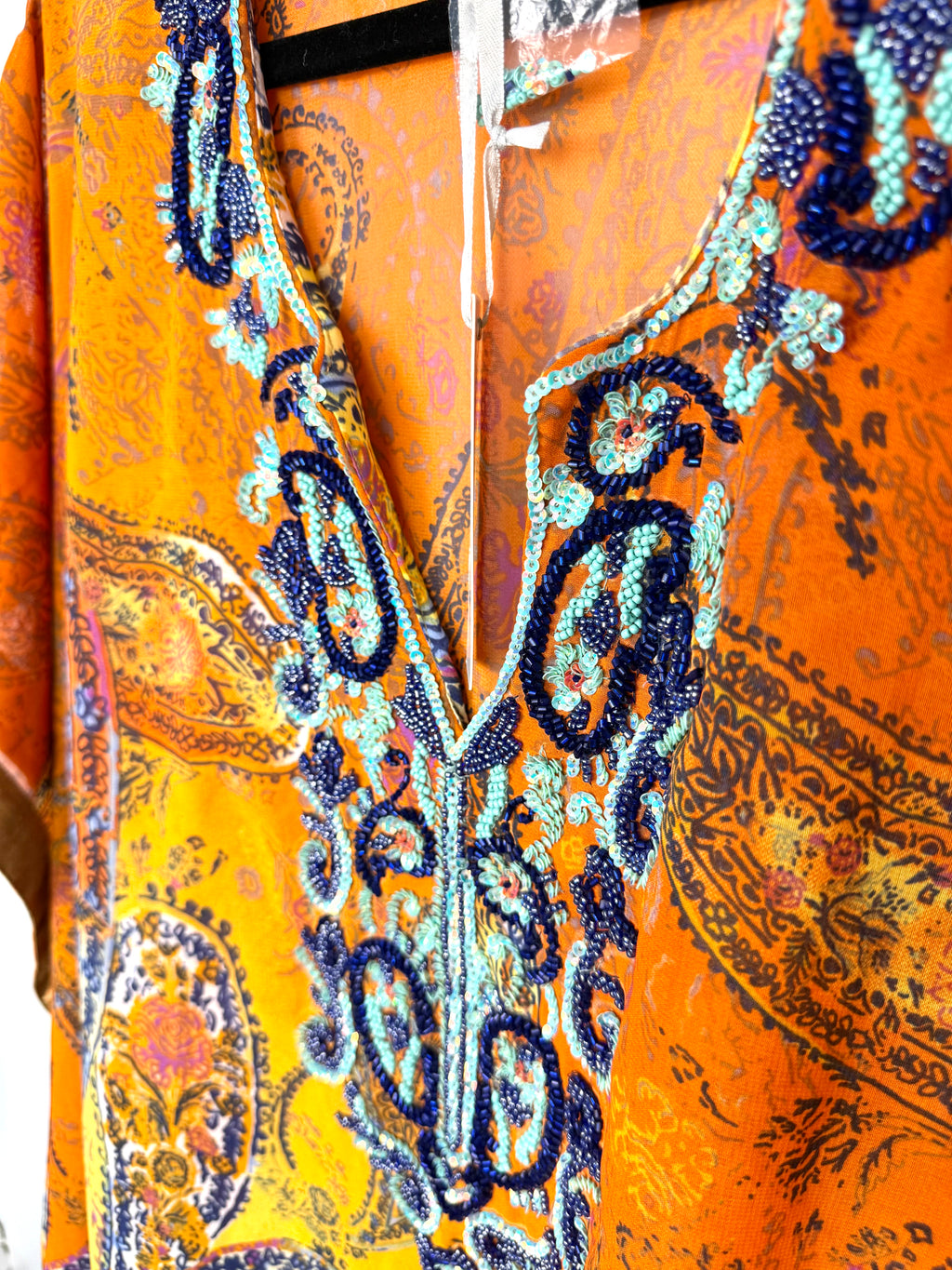 blue beaded detail on embellished bohemian kaftan Moroccan inspired tunic