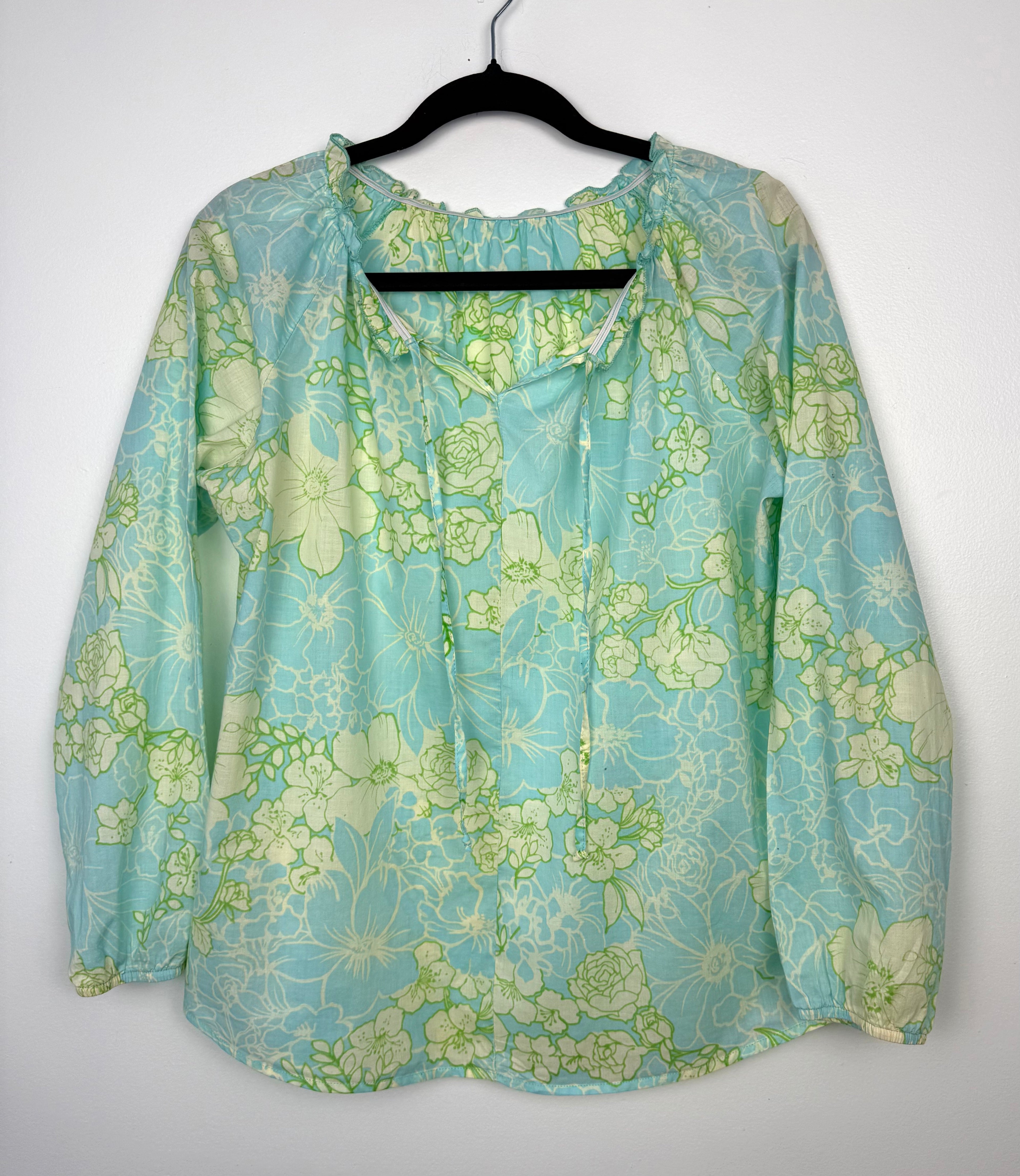 blue green floral blouse women cottagecore spring top front view