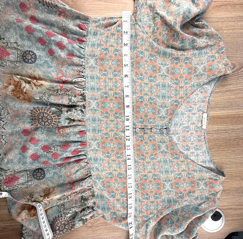 boho peasant style top with peplum waist measuring 42" bust 