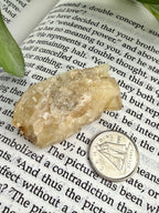 bottom of yellow fluorite cluster  on book with dime for scale 