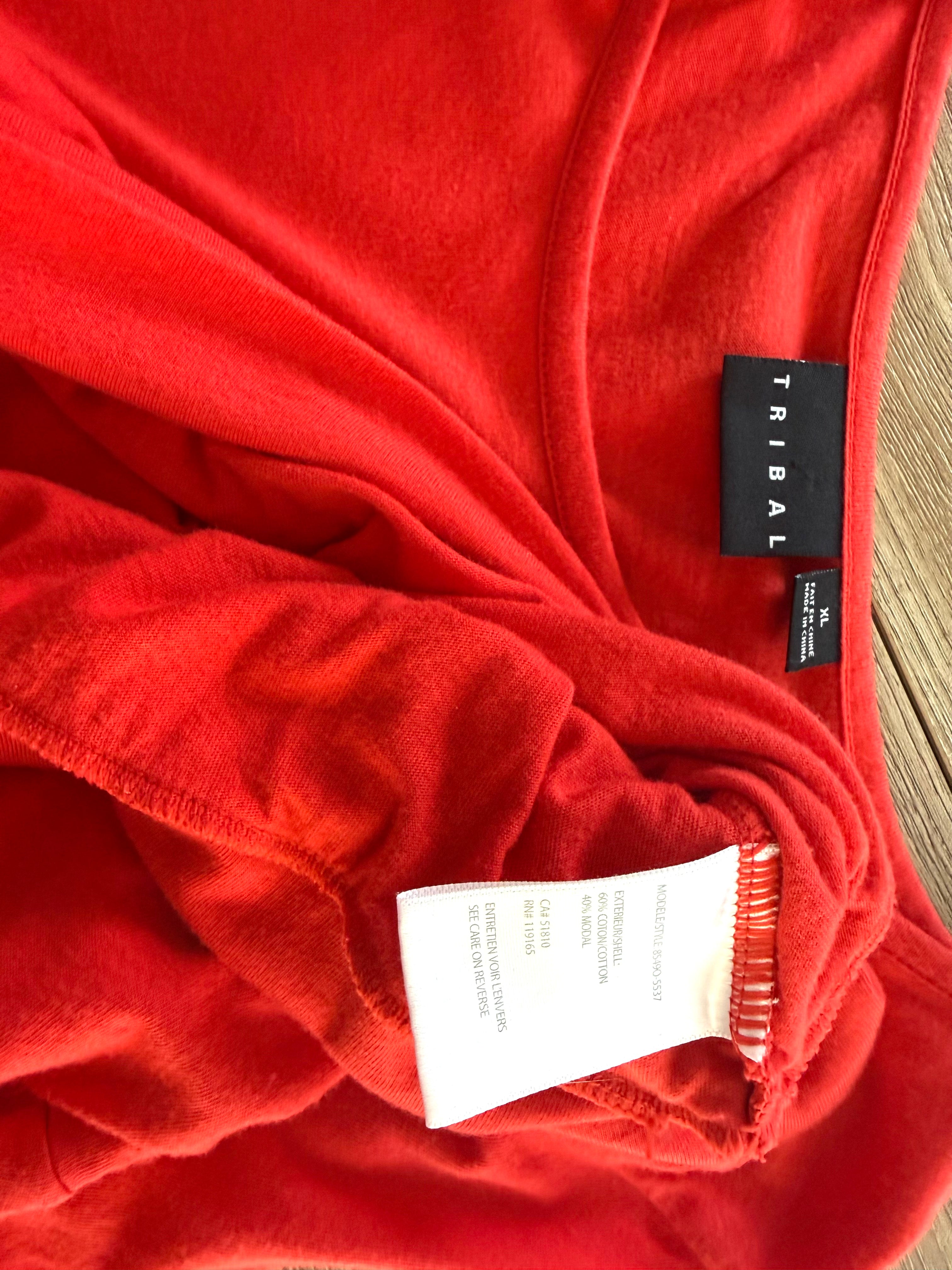 brand and care tags on Tribal Cotton Scoop Neck Ruched Side Top — Deep Orange | 3/4 Sleeve | Size XL at Blue Sparrow Shop