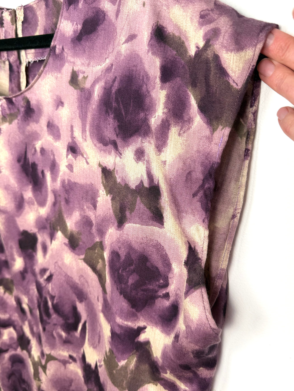 cap sleeve on Desie® Made in France — Purple Watercolour Floral Blouse | Size L  at Blue Sparrow Shop