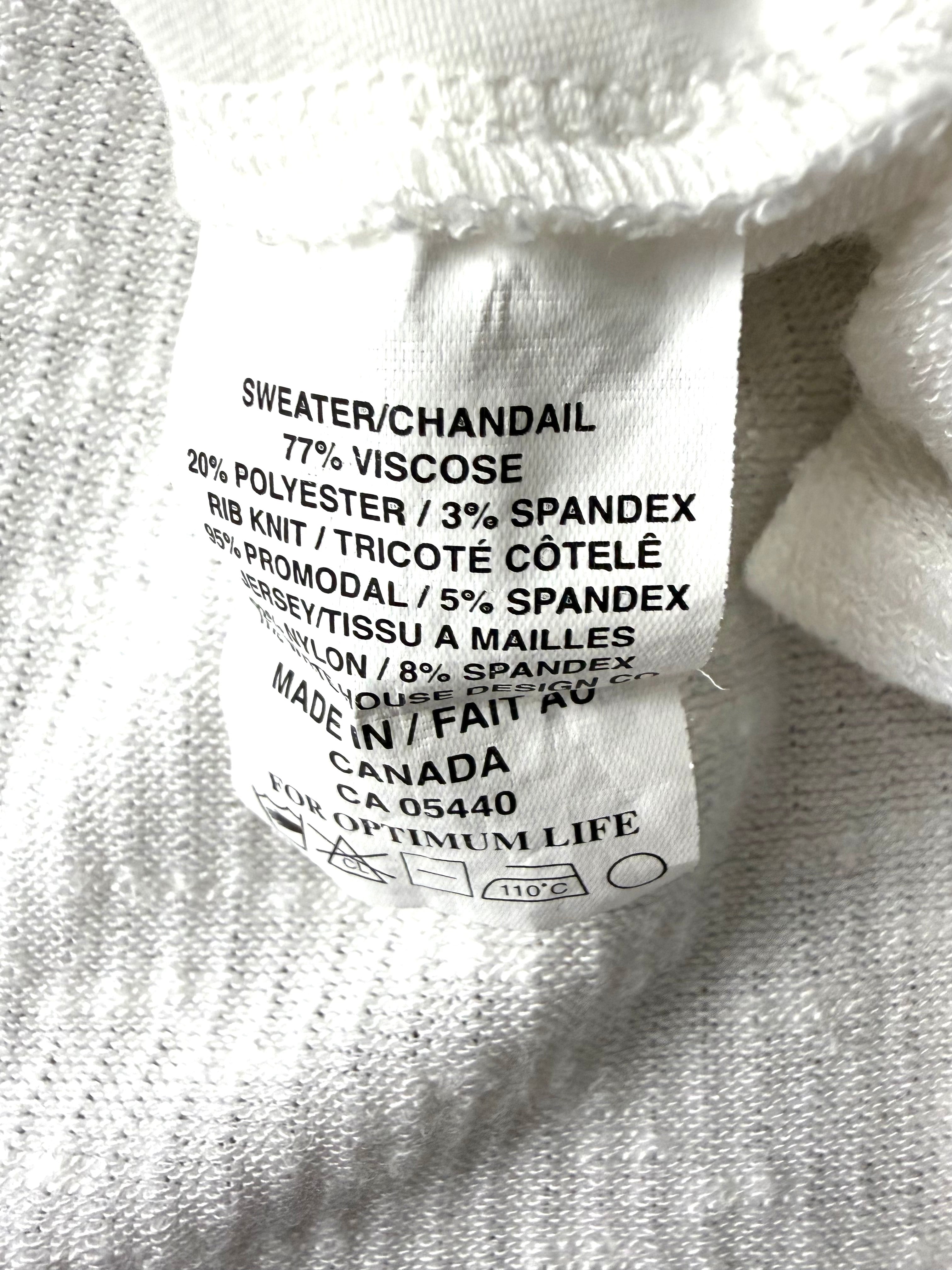 care tag inside Sympli Made in Canada White Asymmetrical Tunic Top | Rib Knit Stretch Travel Top