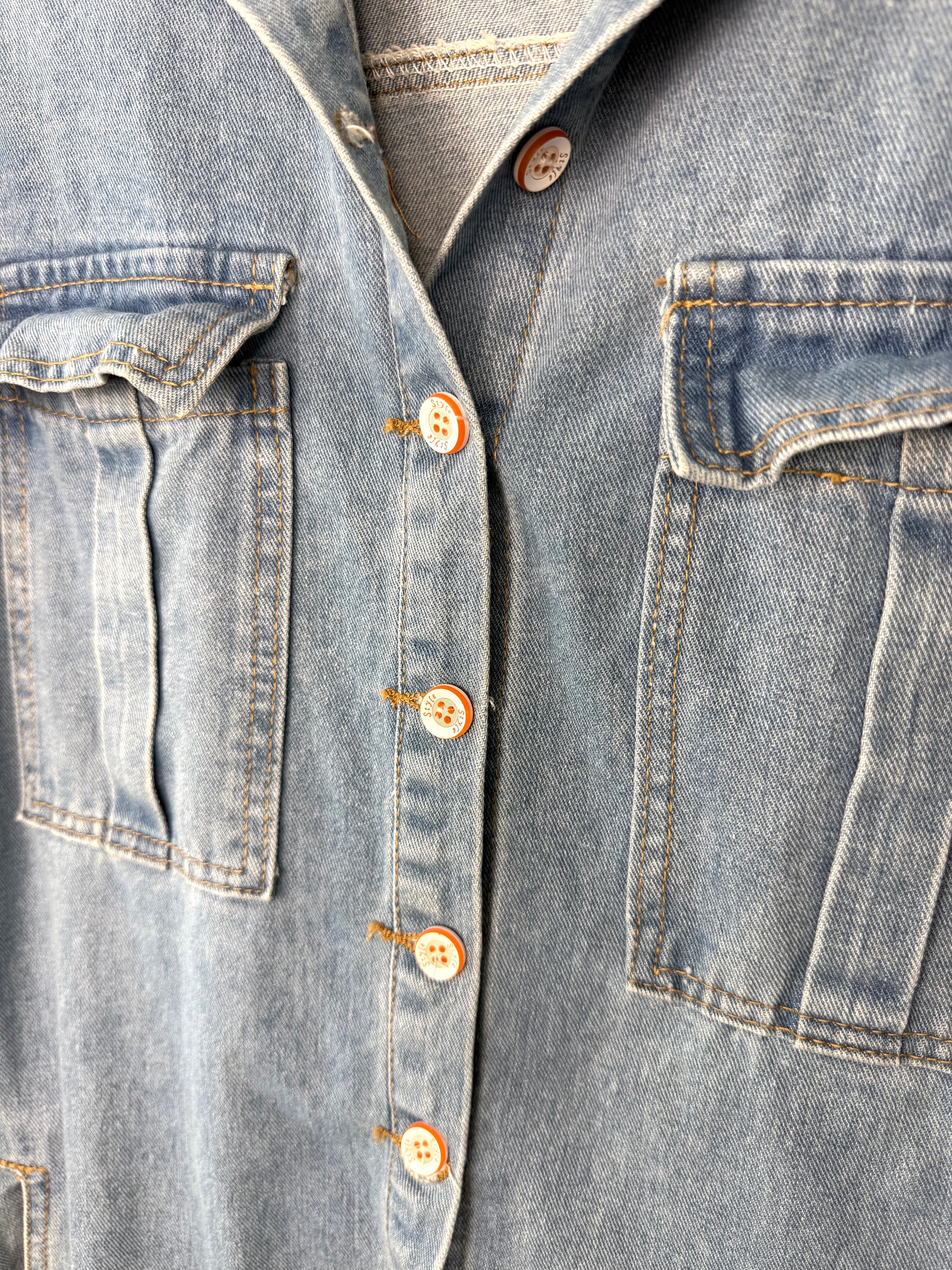 close up of button front on Vintage looking Mechanic Style Denim Coveralls at Blue Sparrow Shop