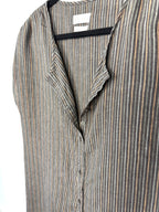 close up of collar detail on Harris Wilson 100% Linen Stripe Shirt Dress — Made in Portugal | Brown & White Pinstripe | Size 40 (CDN 10/12) at Blue Sparrow Shop
