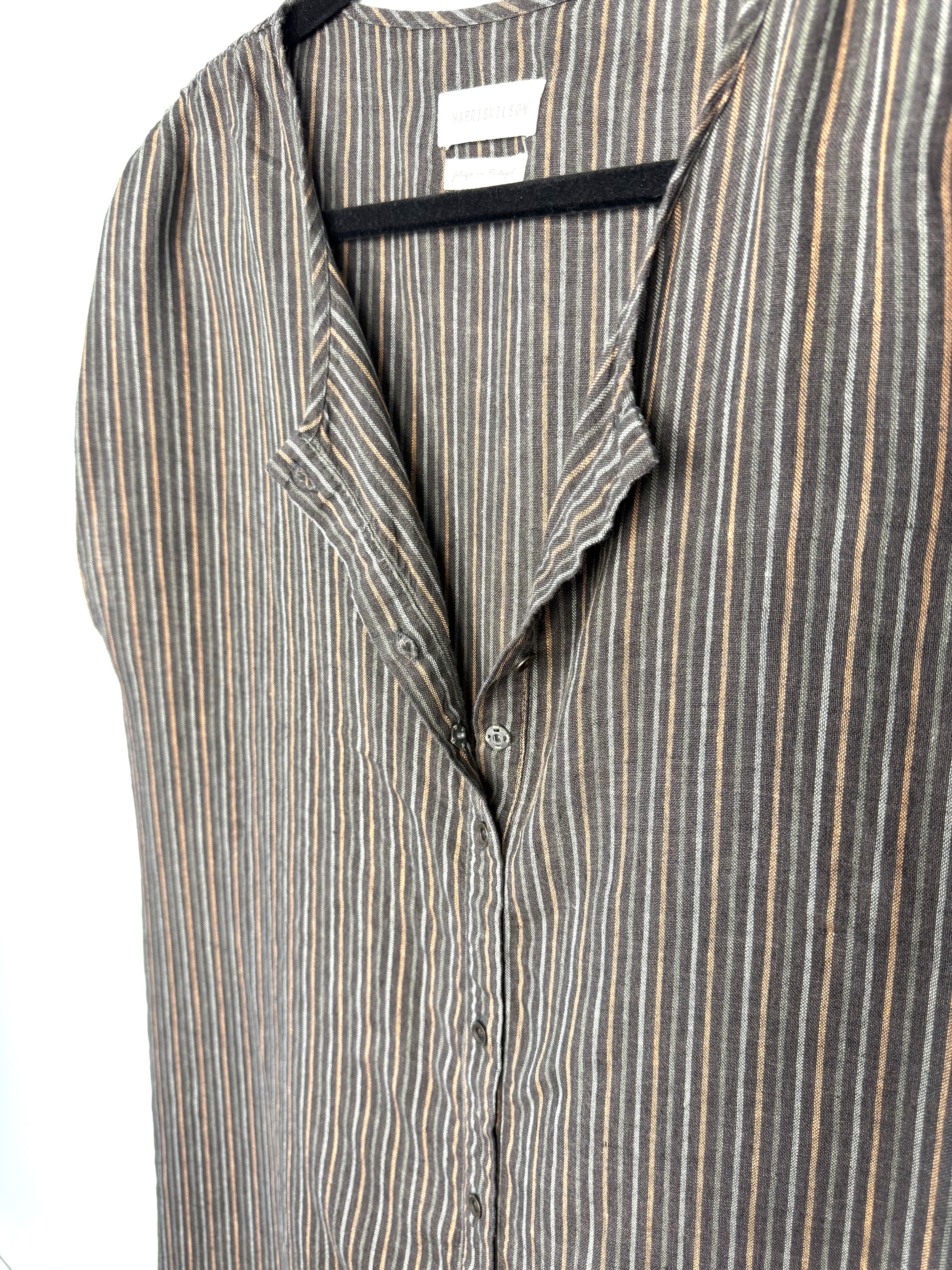 close up of collar detail on Harris Wilson 100% Linen Stripe Shirt Dress — Made in Portugal | Brown & White Pinstripe | Size 40 (CDN 10/12) at Blue Sparrow Shop