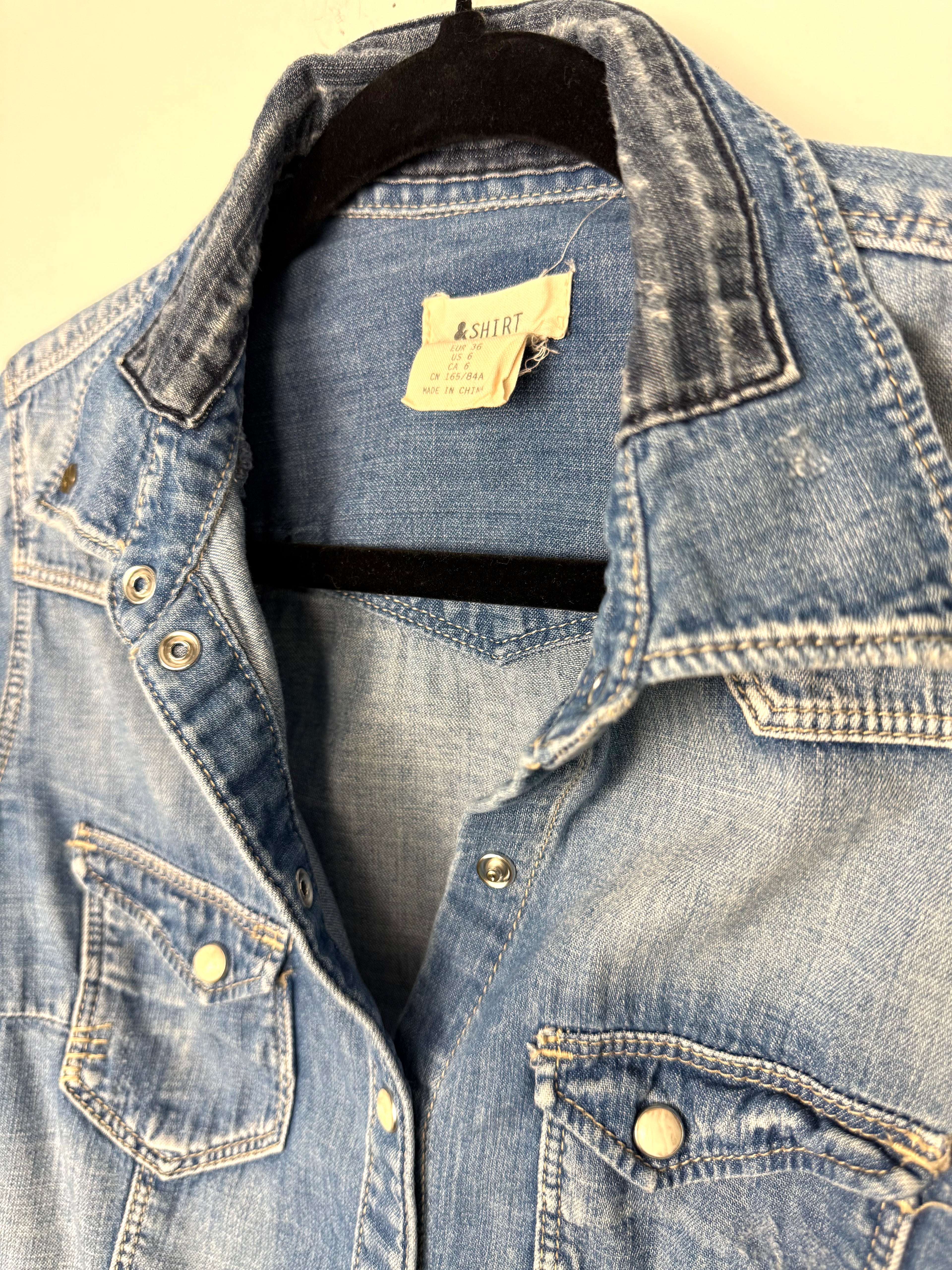 close up of collar on 100% Cotton Denim Western Shirt with Patch Detail | Size S at Blue Sparrow Shop