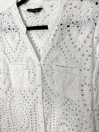 close up of collar on 100% Cotton White Eyelet  Blouse | Size XL at Blue Sparrow Shop  on hanger