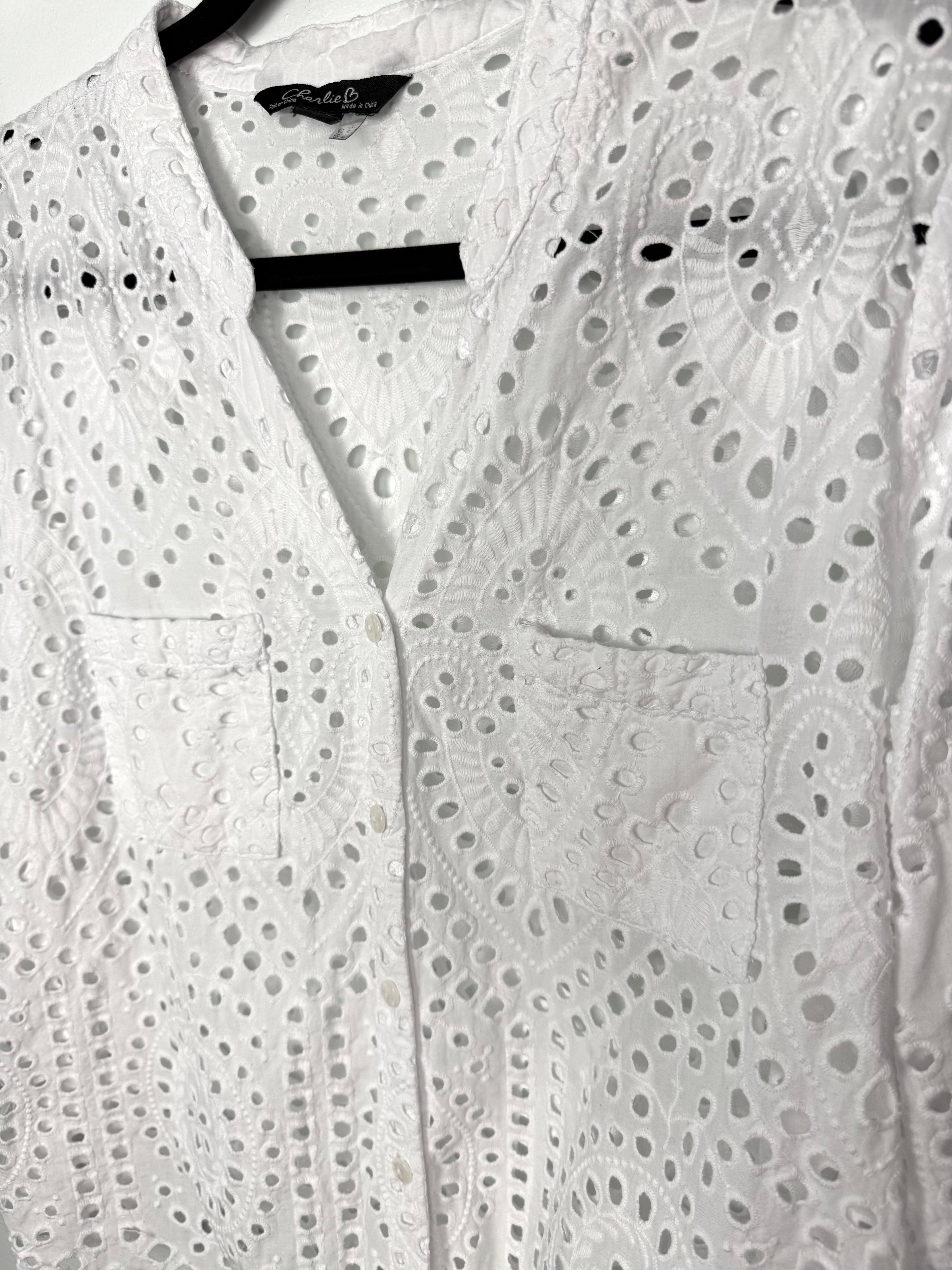 close up of collar on 100% Cotton White Eyelet  Blouse | Size XL at Blue Sparrow Shop  on hanger