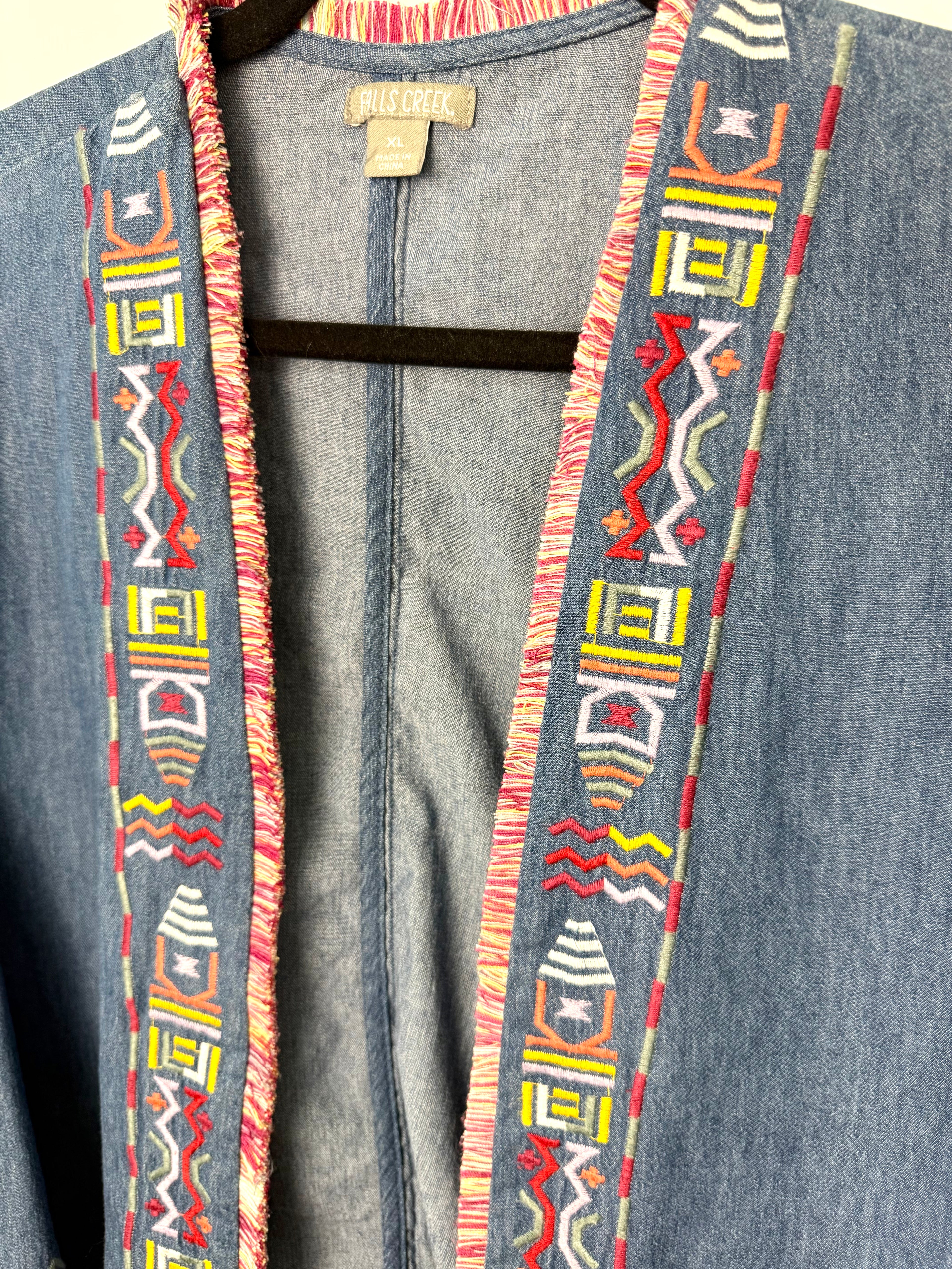 close up of colourful southwestern embroidery on denim