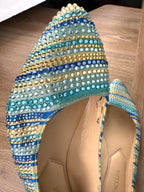 close up of crystal embellishment on Enzo Angiolini Crystal Rhinestone Striped Pointed Flats 