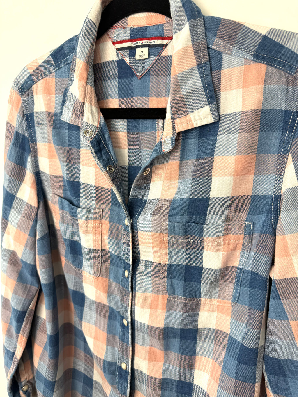 close up of front detail on 100% Cotton Tommy Hilfiger Plaid Shirt | Size M