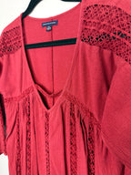 close up of front detail on  American Eagle Outfitters Crochet-Trim Boho Dress | Size S at Blue Sparrow Shop 