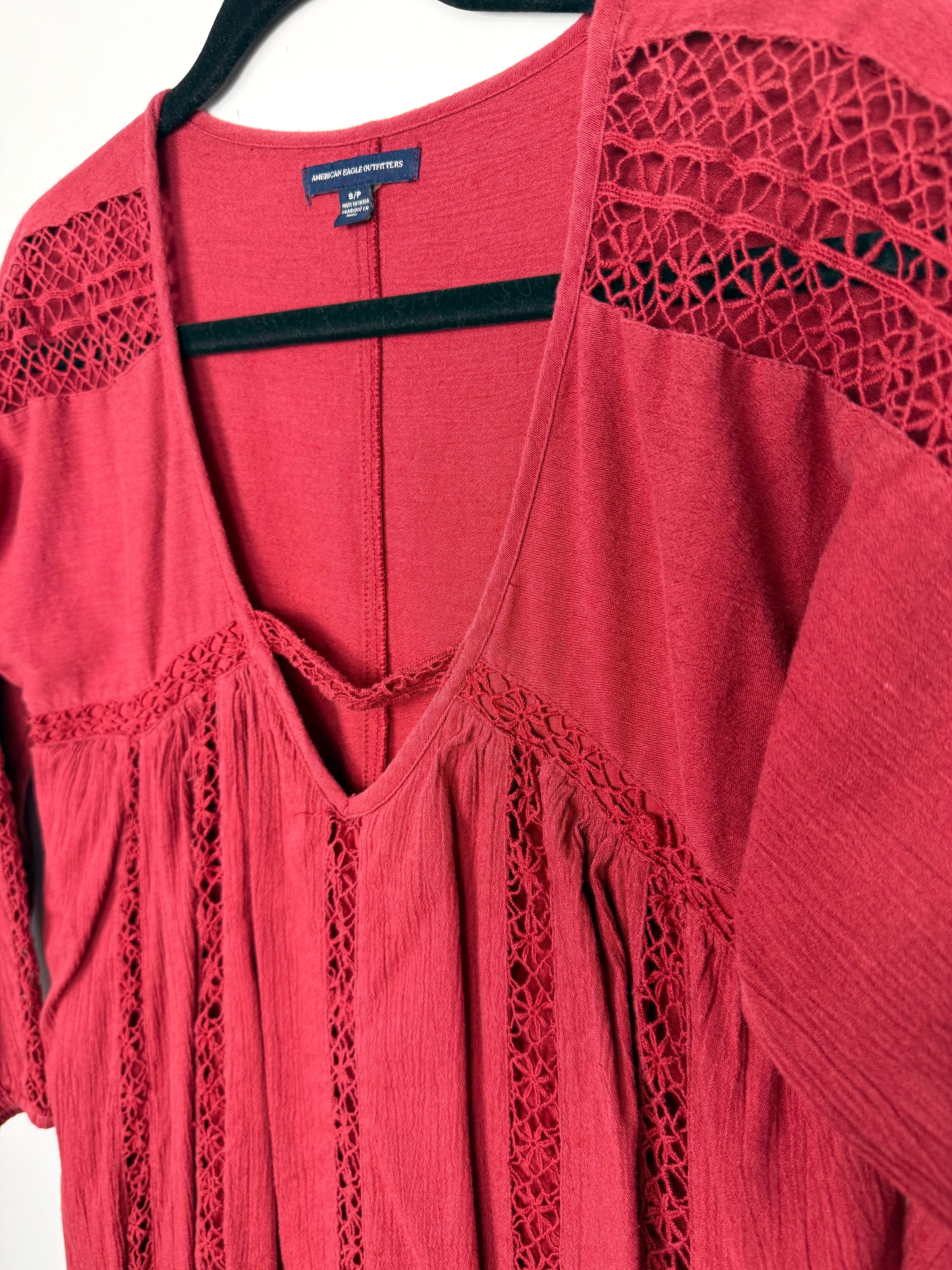 close up of front detail on  American Eagle Outfitters Crochet-Trim Boho Dress | Size S at Blue Sparrow Shop 