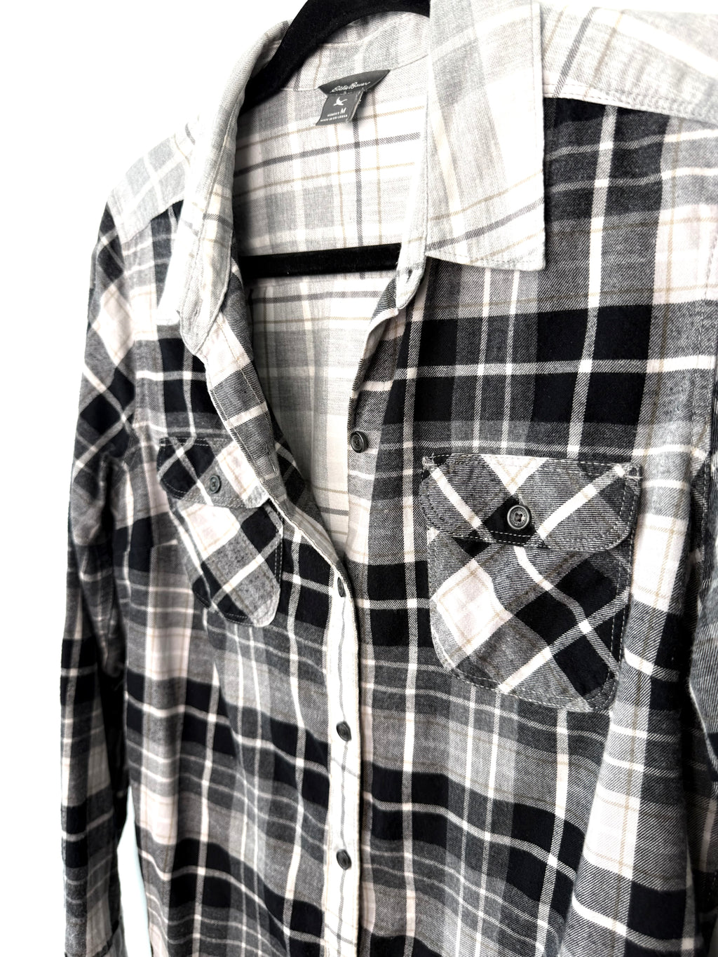 close up of front of 100% Cotton Eddie Bauer Plaid Shirt | Size M