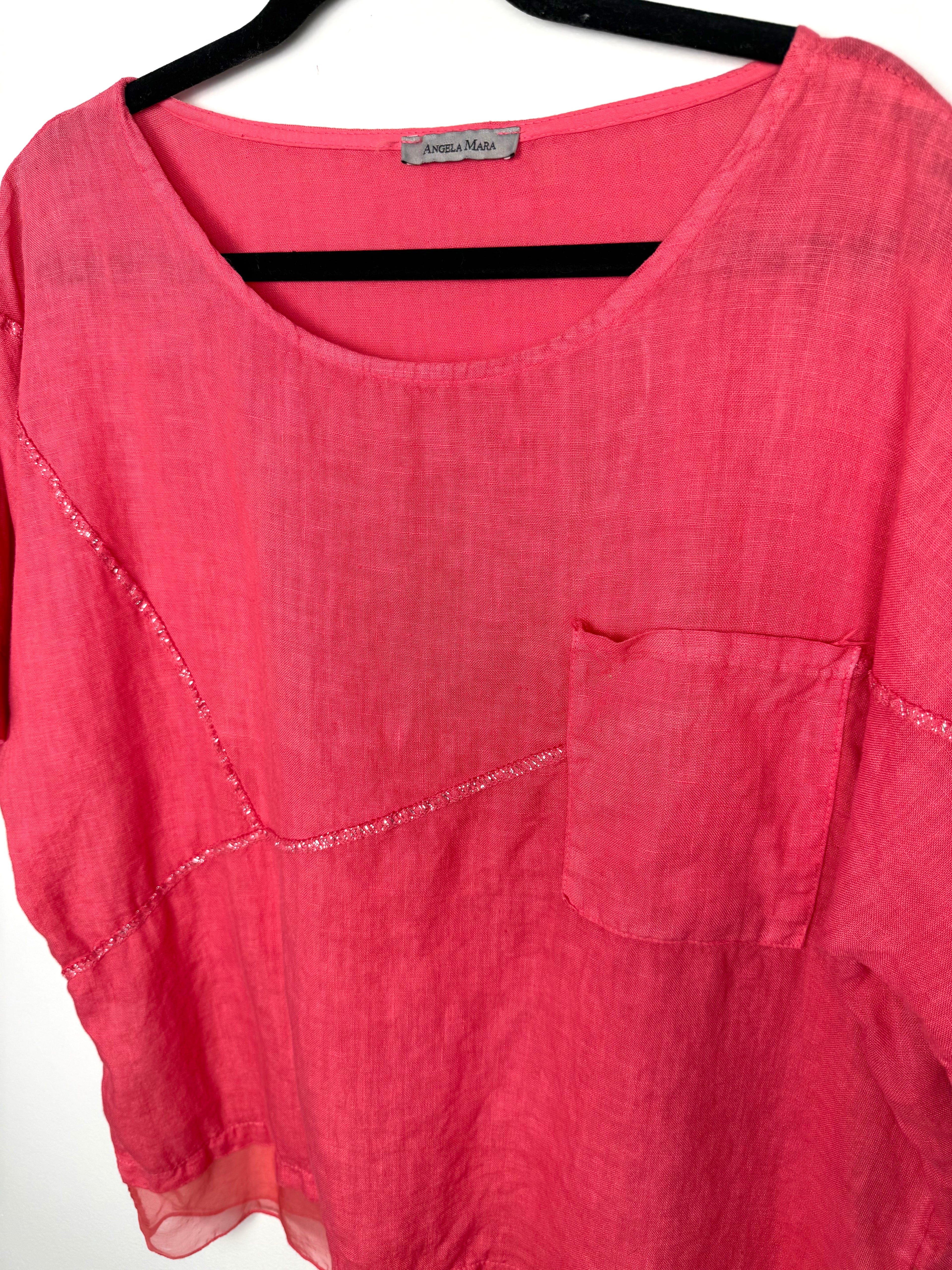 close up of front of 100% Linen Angela Mara  Made in Italy Linen Top | Size M at Blue Sparrow Shop 