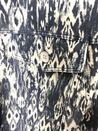 close up of front pocket on Sandwich brand jacket in denim blue and white