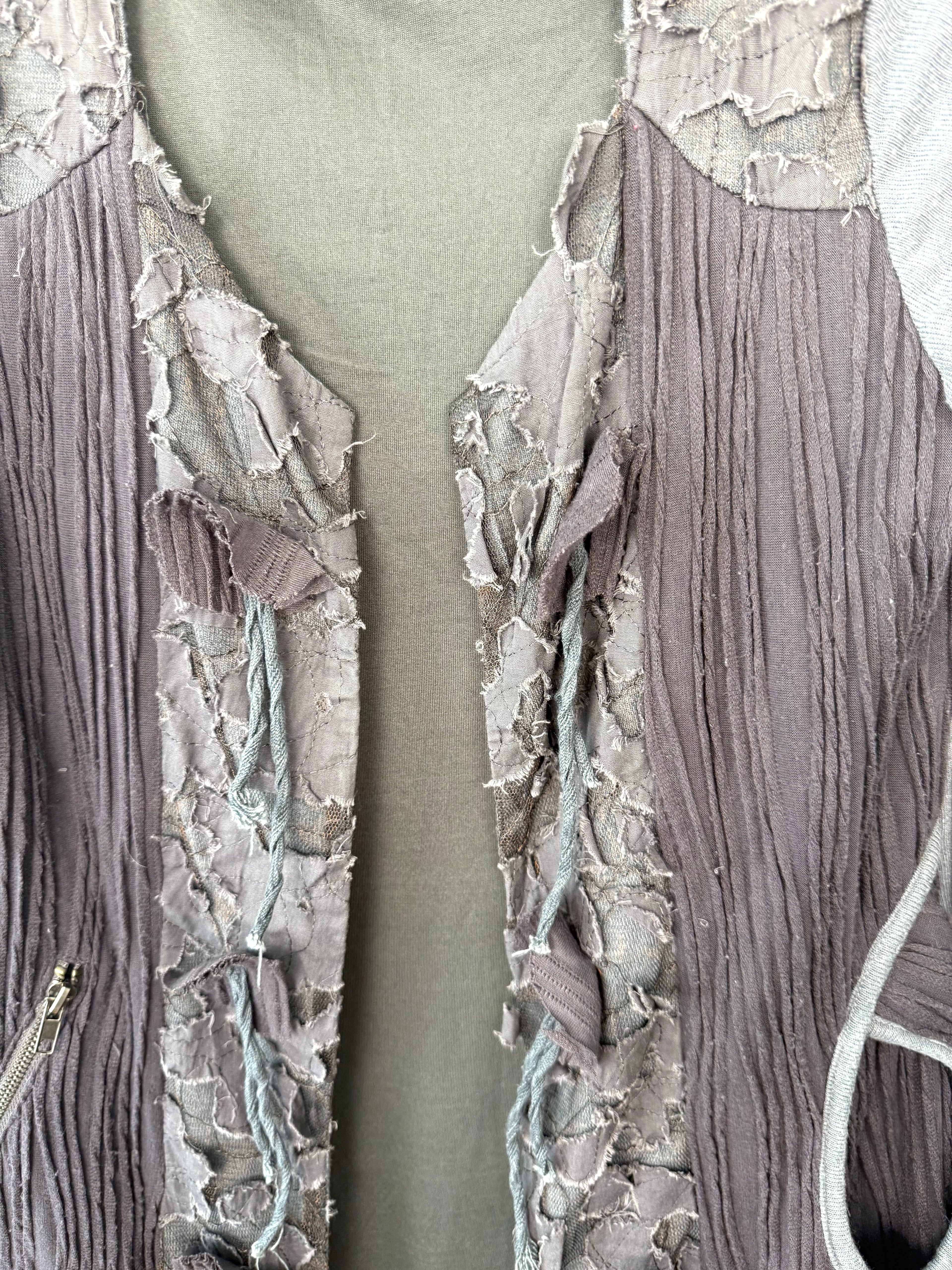 close up of lapel on Hypnose Grey Mixed-Media Layered Cardigan | Size S/M