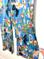 close up of leg on Zara blue tropical bird floral wide leg pants