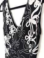 close up of neckline and embroidered detail on Cartise Embroidered Mesh Cocktail Dress | Size 12 at Blue Sparrow Shop