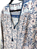 close up of neckline on wik by Simons 100% Cotton Floral Paisley Boho Blouse — Navy & Blush Border Print | Size L at Blue Sparrow Shop 