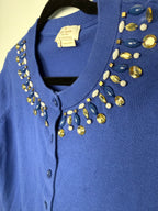 close up of neckline with one loose stone (yellow on right side) Kate Spade New York 100% Cotton Cardigan  at Blue Sparrow Shop 