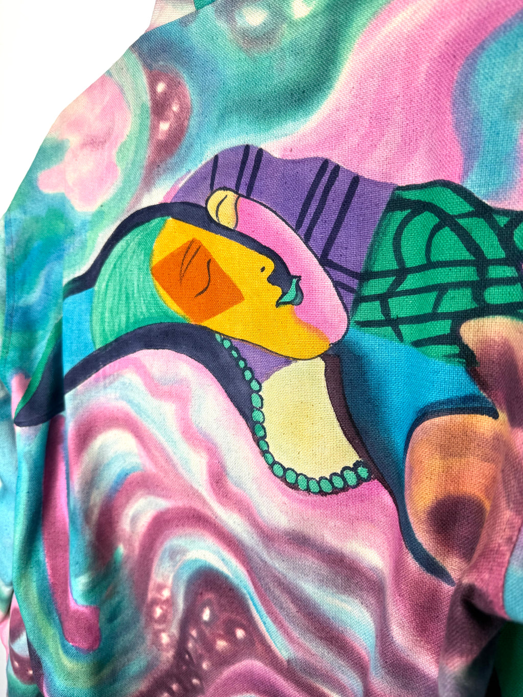 close up of painted detail on back of Emma Chun Shroff Hand Painted Silk Jacket | Wearable Art Blazer at Blue Sparrow Shop