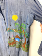 close up of painting on NWOT 100% Tencel Tilley Handpainted Denim Jacket | Size 2X