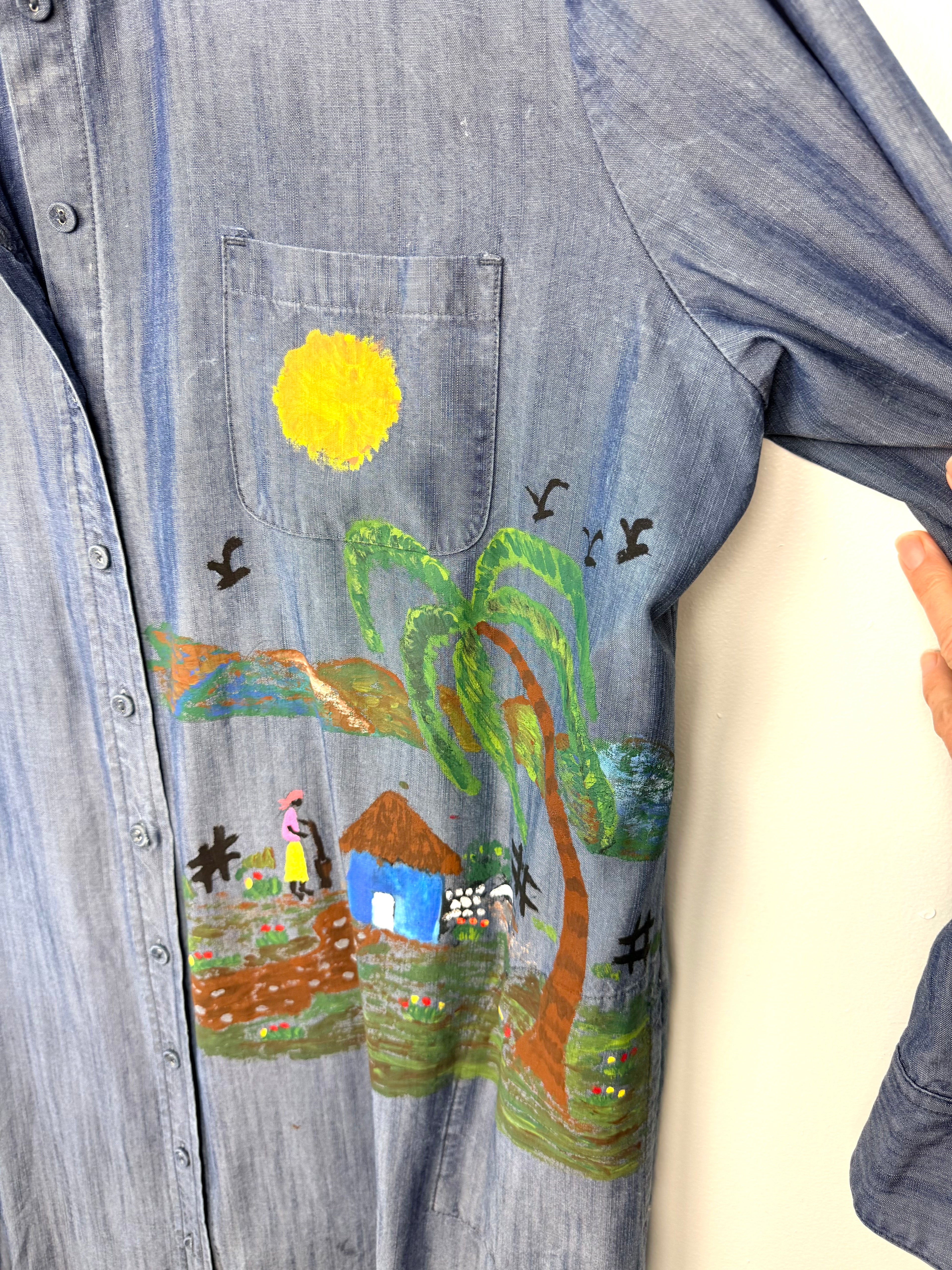 close up of painting on NWOT 100% Tencel Tilley Handpainted Denim Jacket | Size 2X