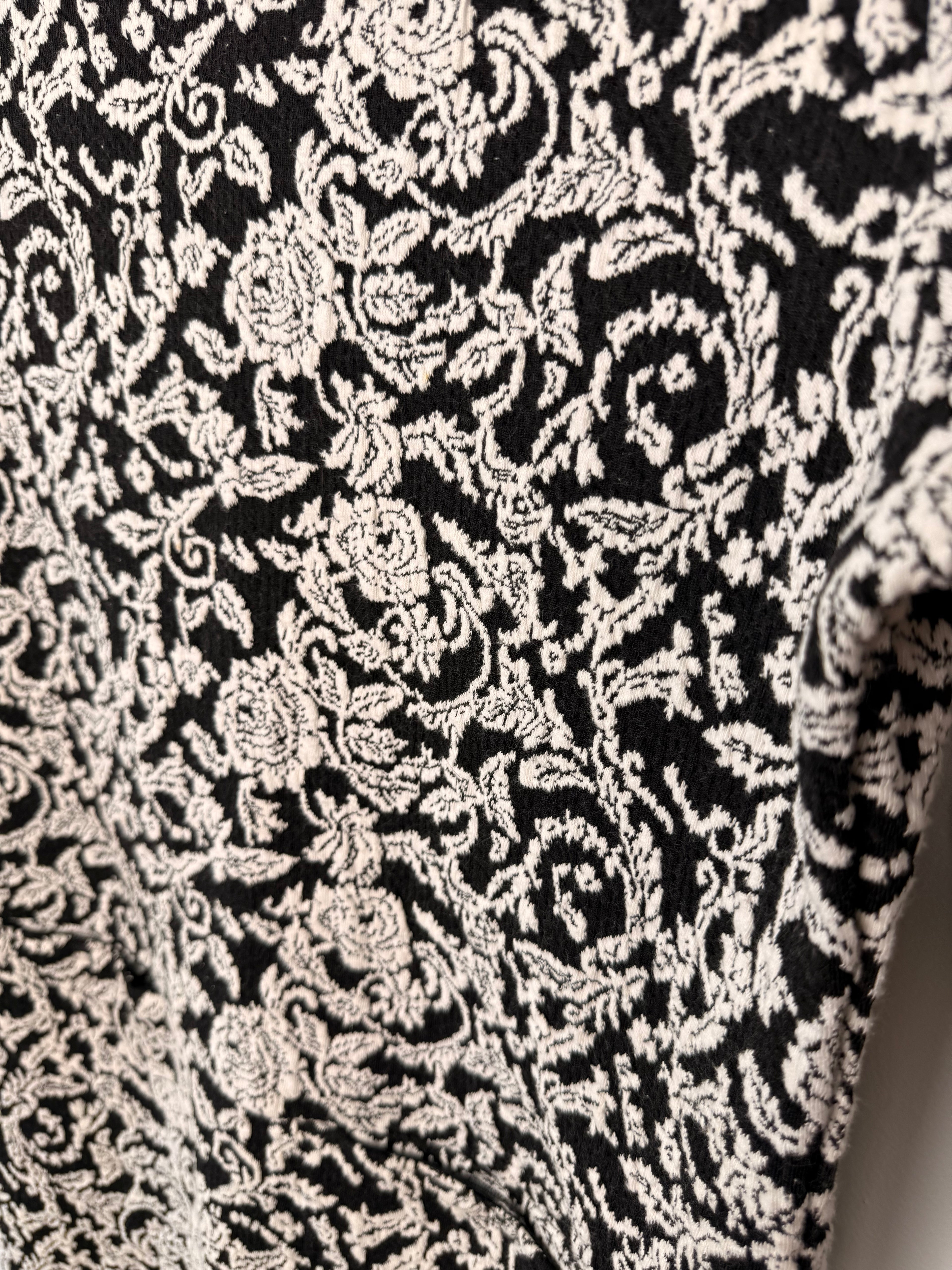 close up of pattern on Joules Black & Cream Floral Jacquard Tunic Dress | Size 8