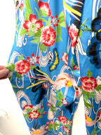 close up of pattern on Zara blue tropical bird floral wide leg pants 2