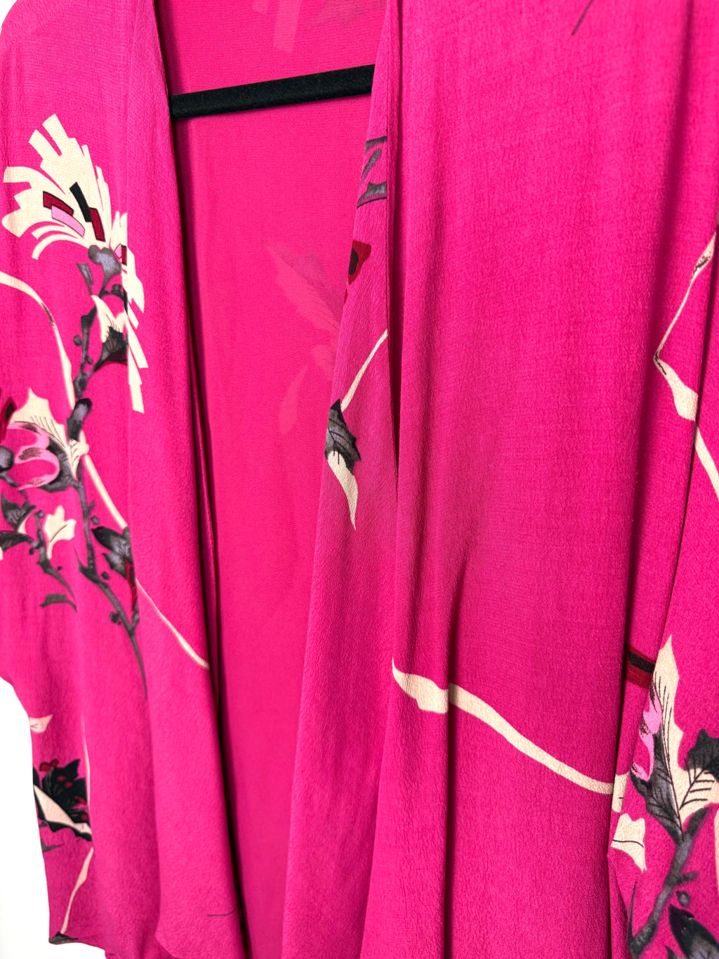 close up of pattern on front of French Connection Floral Kimono | Romantic Boho Layering Piece at Blue Sparrow Shop