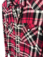 close up of pocket detail on Golden by TNA Women's Red Plaid Flannel Snap Front Shirt | Size Small | 100% Cotton
