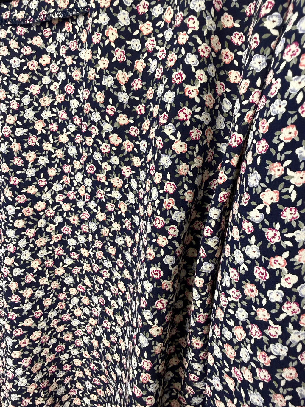 close up of print on Vintage floral print navy Jacket Made in Canada at Blue Sparrow Shop 