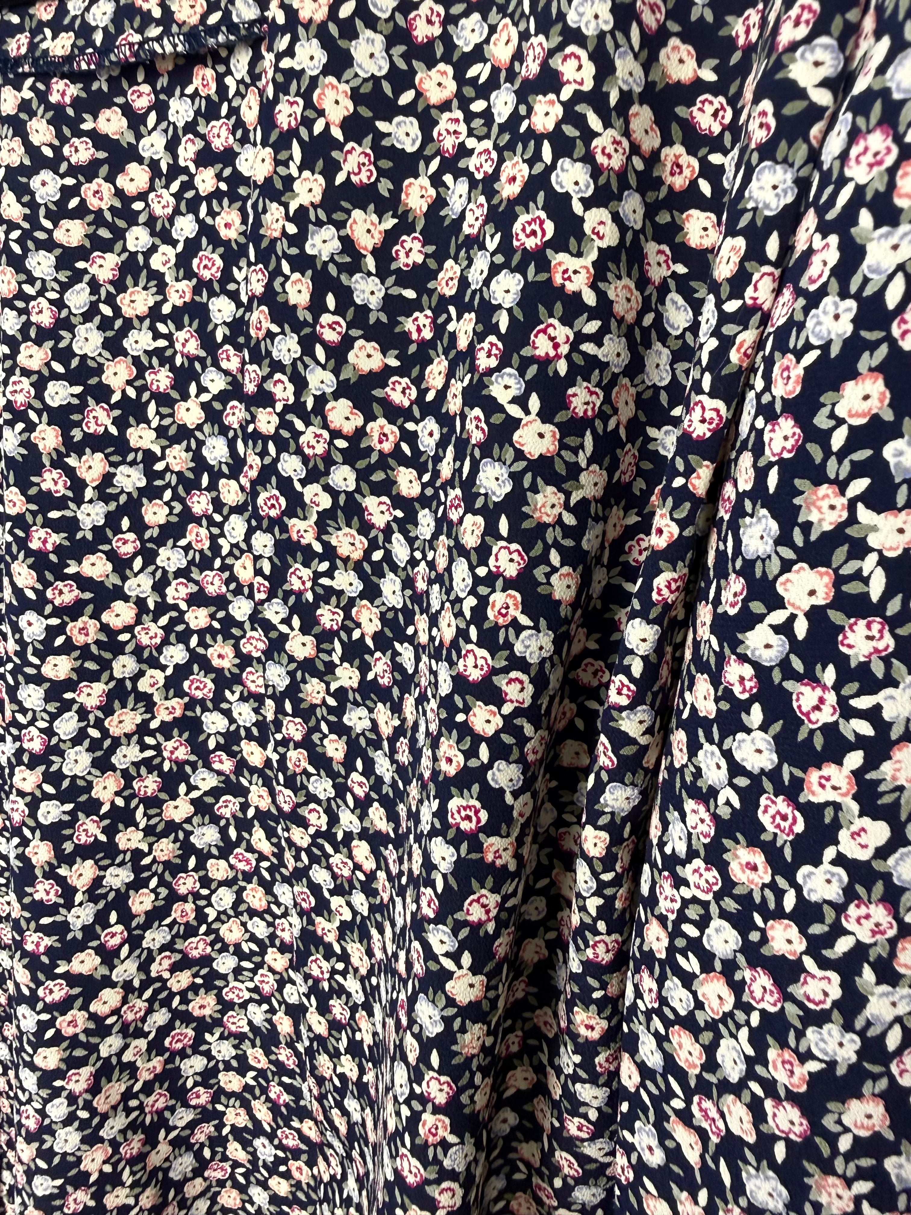 close up of print on Vintage floral print navy Jacket Made in Canada at Blue Sparrow Shop 