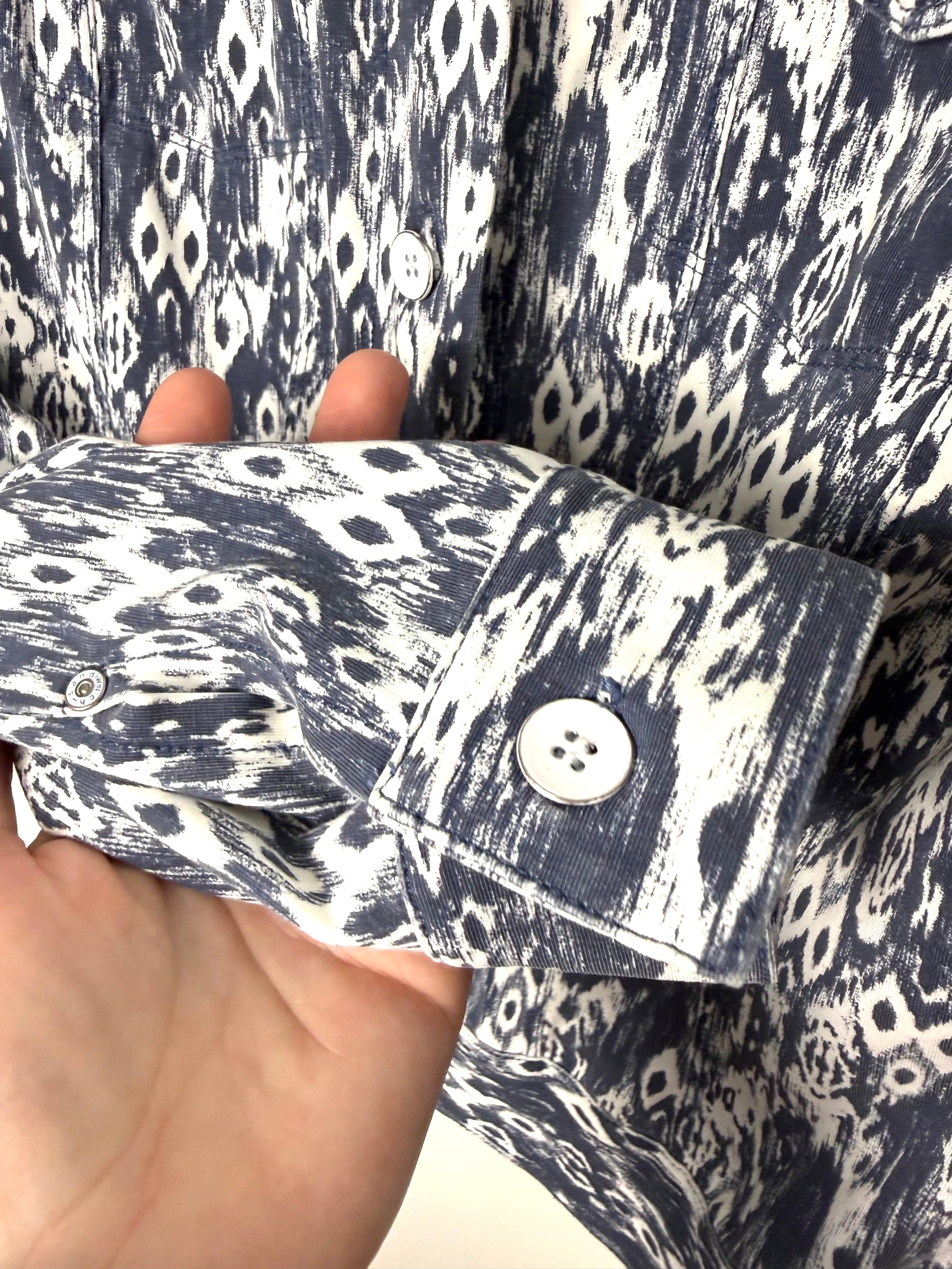 close up of sleeve on Sandwich brand jacket in denim and white 