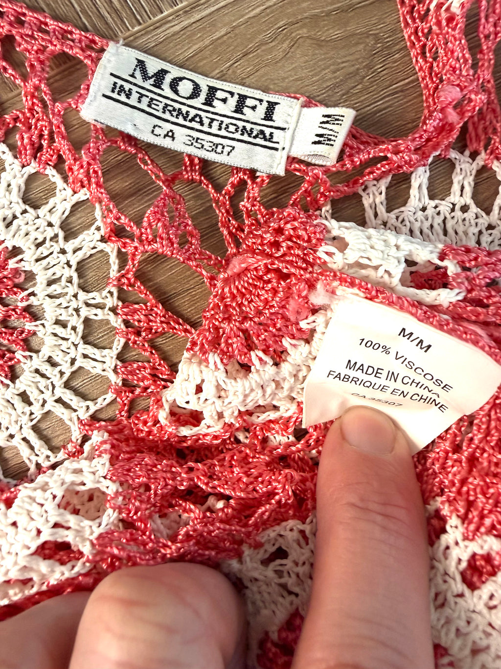 close up of tag on Cottagecore Vintage Style Crochet Cardigan at Blue Sparrow Shop size M 100% viscose
