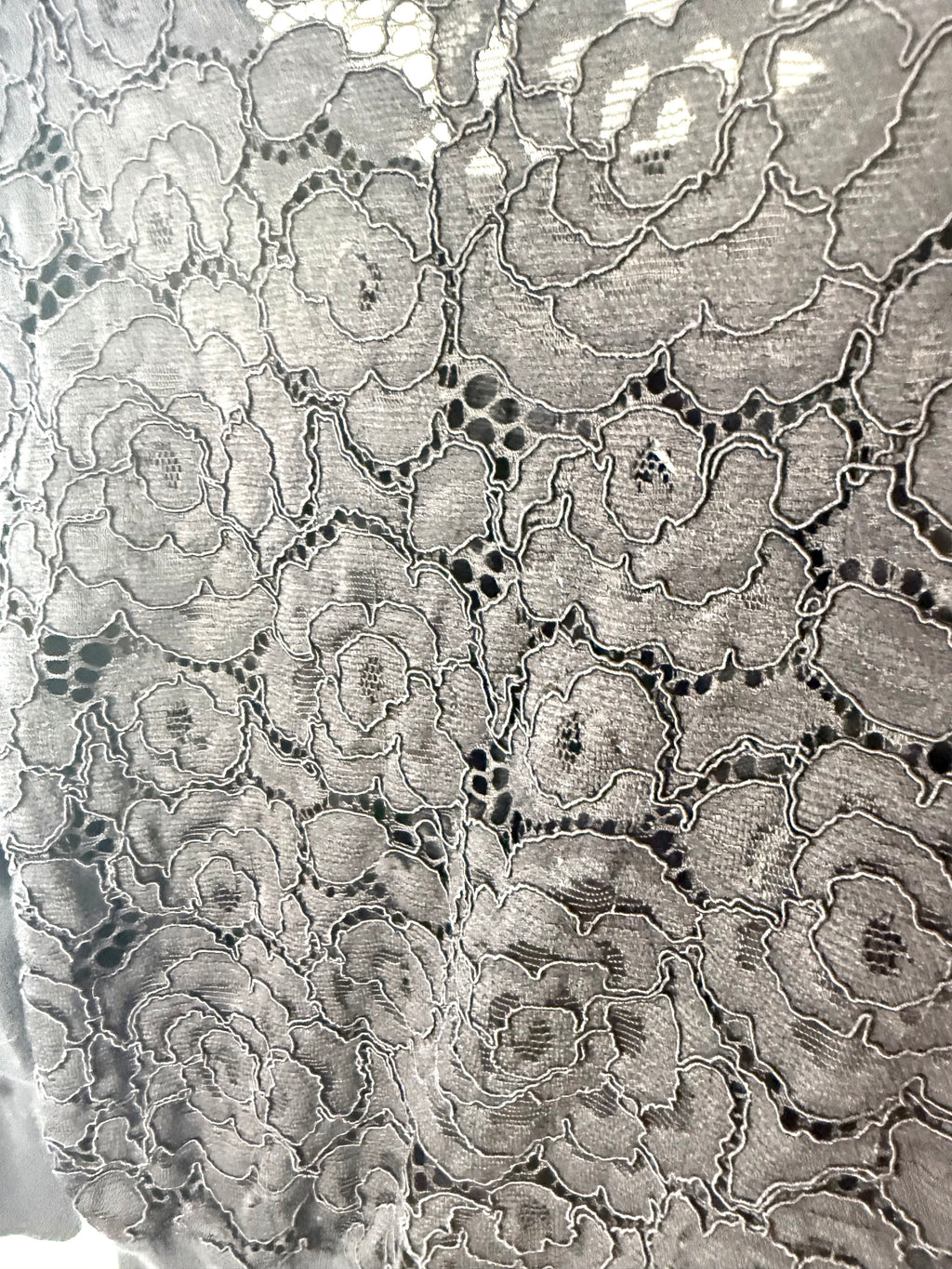 close up view of 60's style Karl Lagerfeld Paris black knit cardigan lace on back