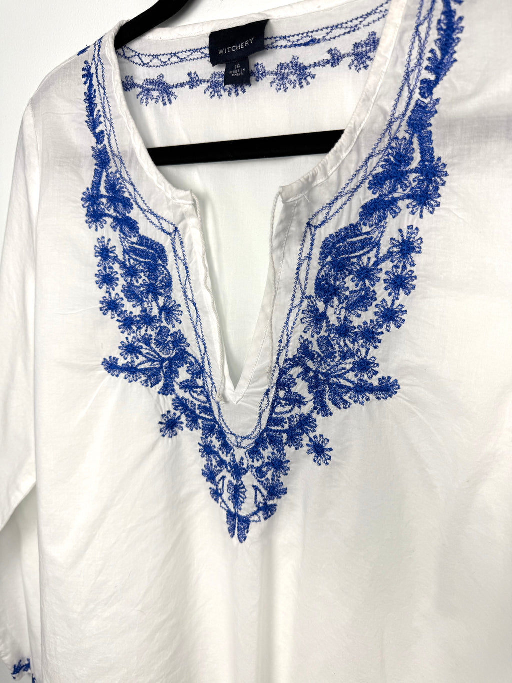 collar detail on 100% Cotton Witchery Embroidered Boho Blouse | Size 14  at Blue Sparrow Shop - Canadian Resale Reimagined