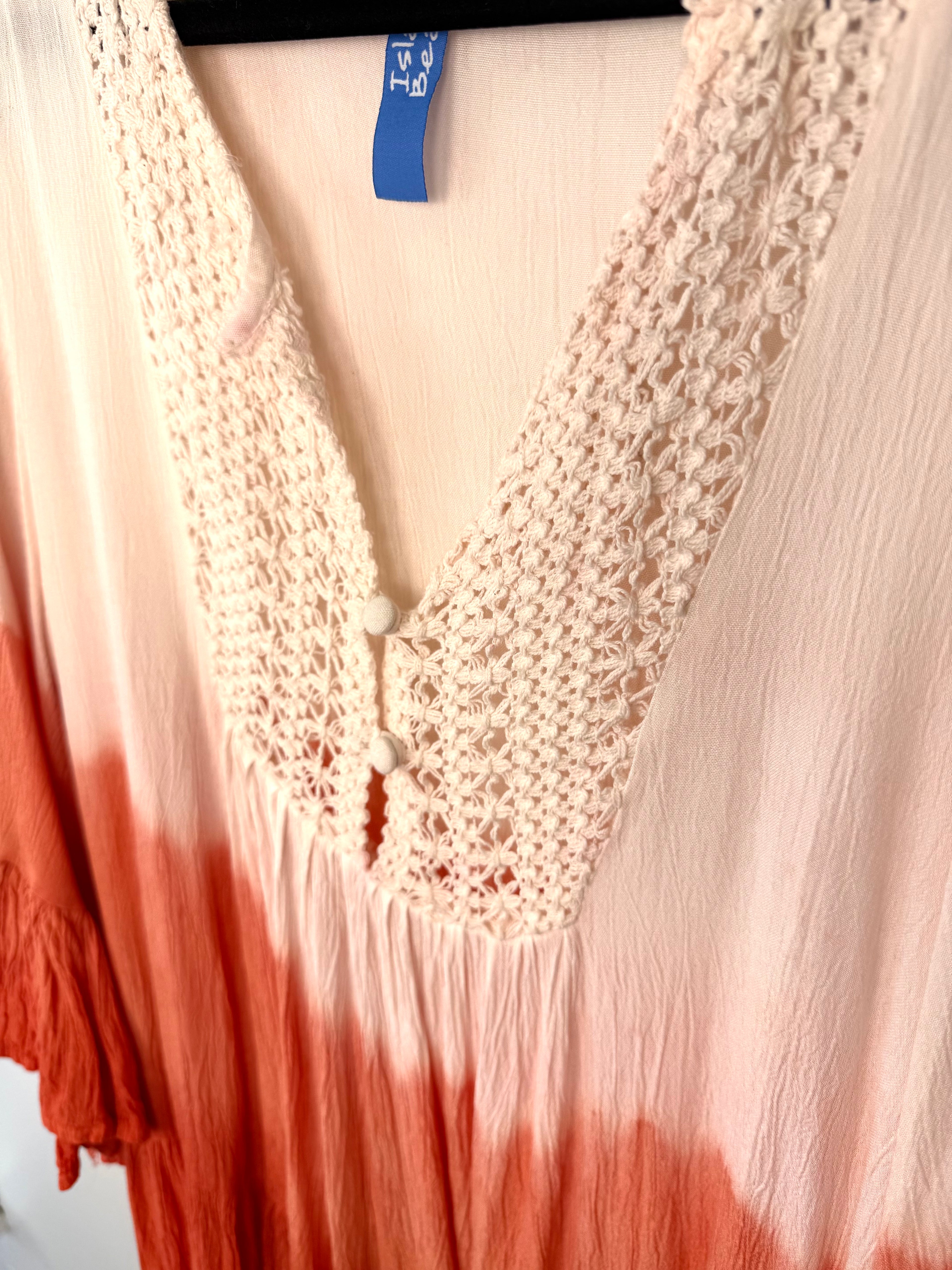 collar detail on Ombre Boho Tunic Dress - 100% Rayon with Crochet Detail Size Medium at Blue Sparrow Shop