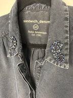 collar detail on Sandwich Denim Studio Amsterdam charcoal 100% Tencel shirt with stunning hand-applied blue crystal collar embellishment and ruffle cuff detail at Blue Sparrow Shop