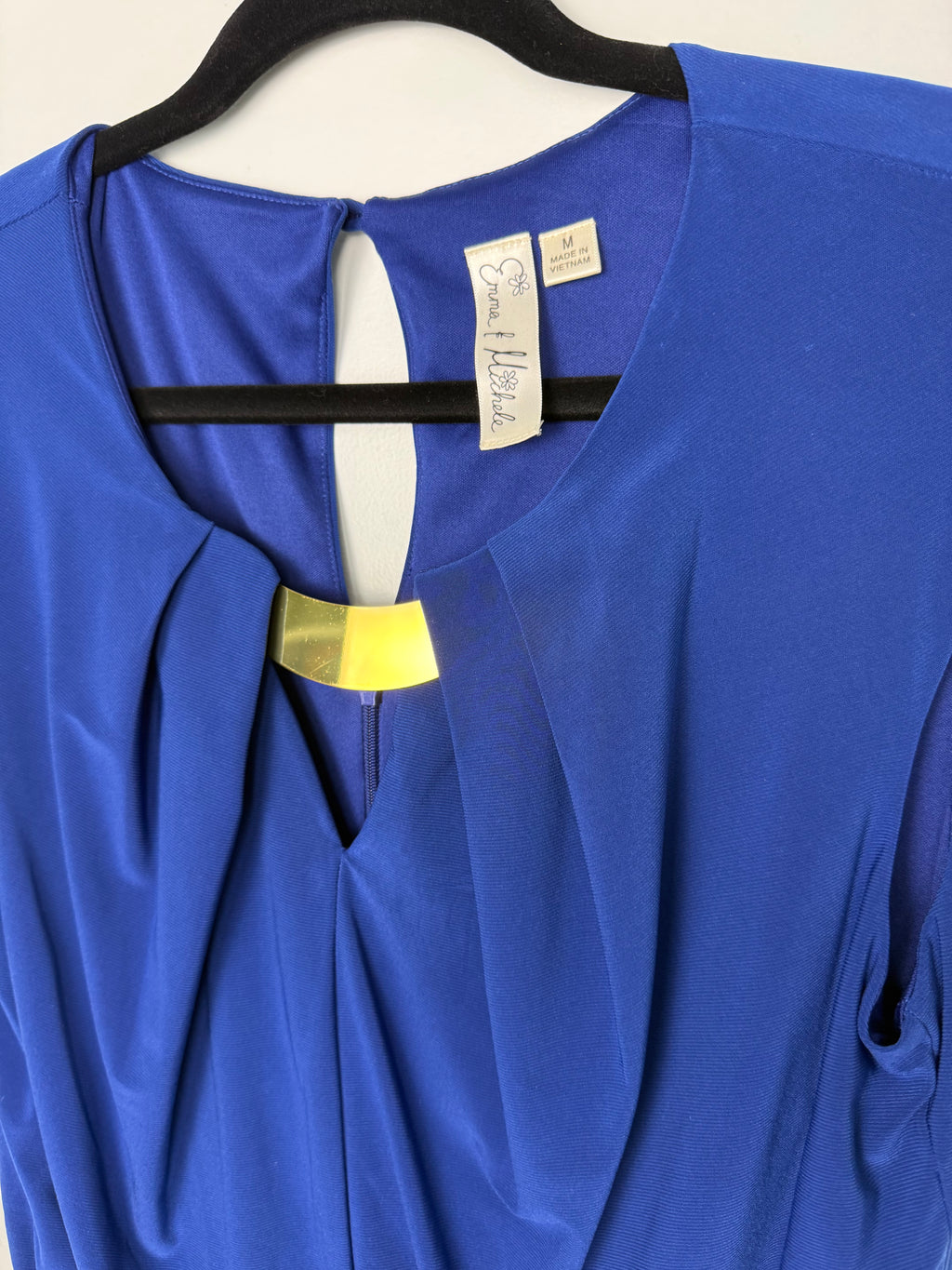 collar on Emma & Michele cobalt blue sleeveless draped pleated bodice jumpsuit at Blue Sparrow Shop