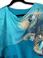 collar on Teal Peacock Print 2-Piece Knit Set — Wide-Leg Pants + Draped Top, Size XL at Blue Sparrow Shop