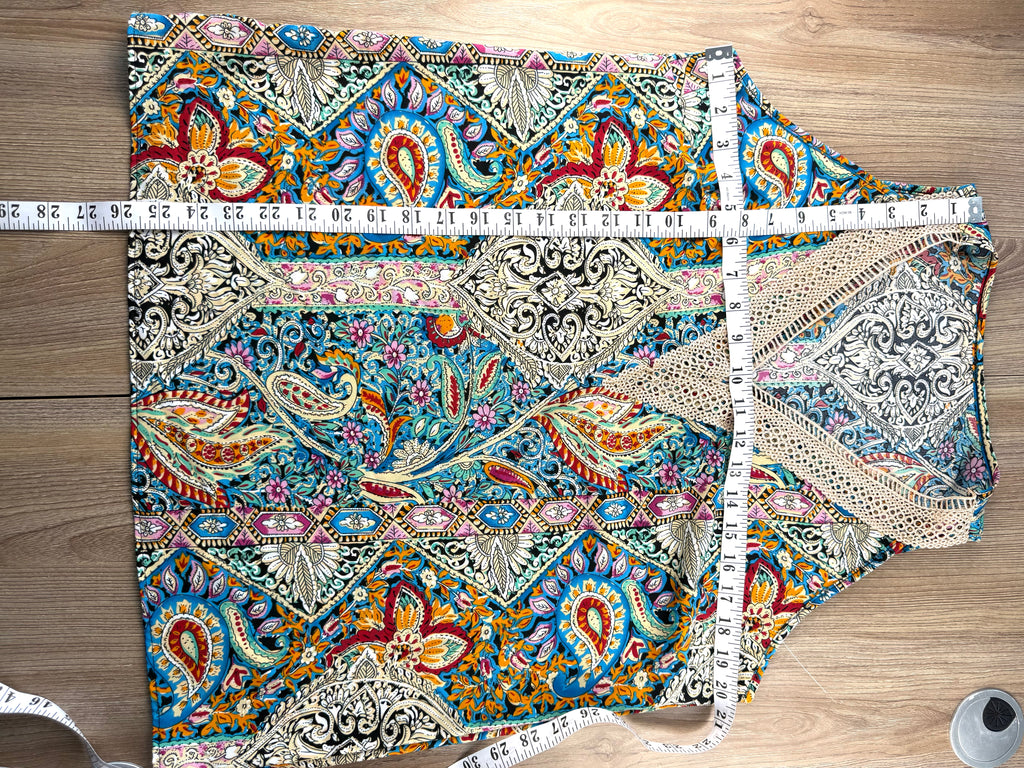 colourful paisley bohemian blouse with crochet lace neckline measuring 26" shoulder to hem and 40" bust 