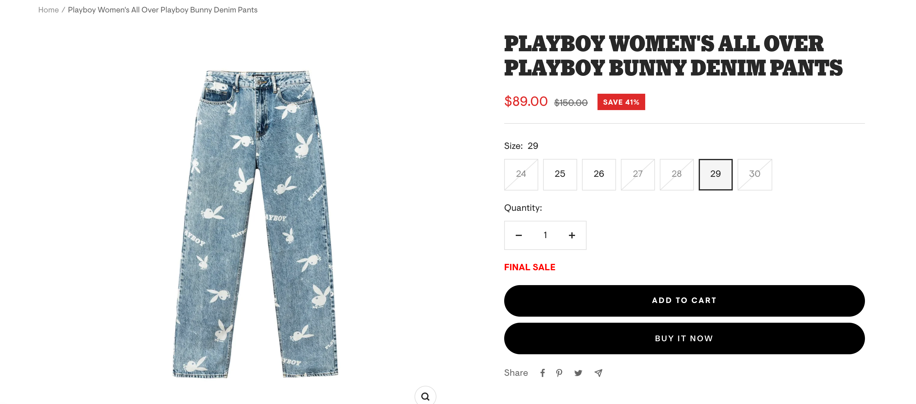 compare at $89-$150 new 100% Cotton Playboy Bunny Print Wide Leg Jeans | Size 13 at Blue Sparrow Shop