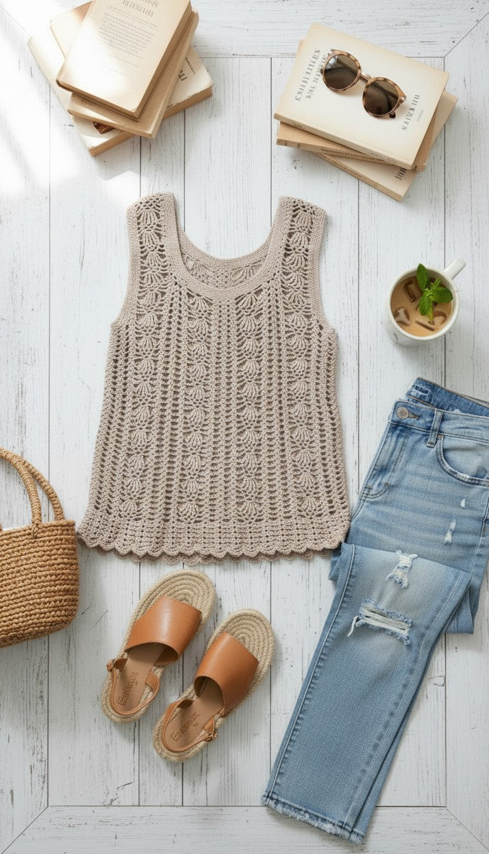 cottagecore handmade crochet top scalloped hem neutral layering piece at Blue Sparrow Shop  lifestyle photo with jeans and sandals