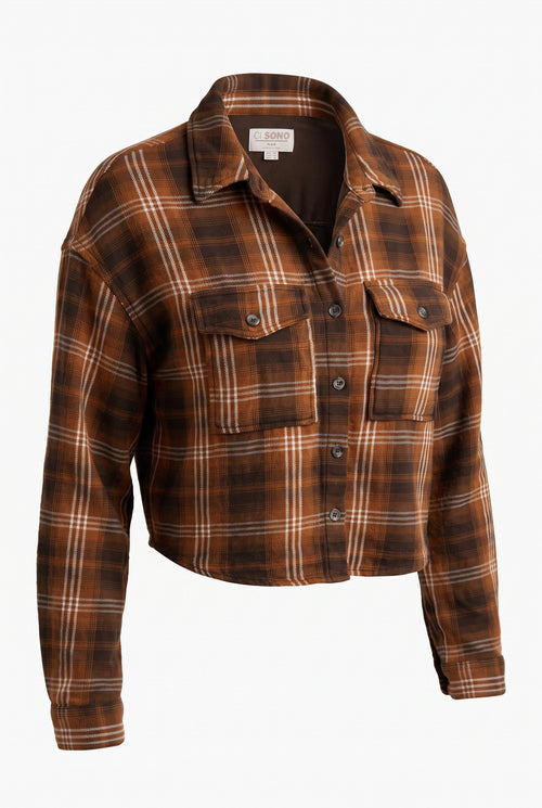 100% Cotton Ci Sono Cropped Plaid Shirt | Size M on white background